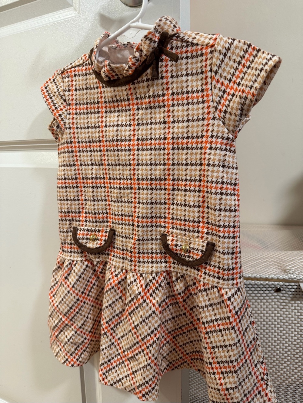 Girls Plaid Tweed Drop-Waist Dress in Cream and Orange